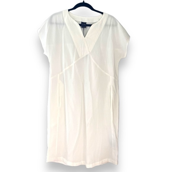 NAU Flaxible White Linen Blend Short Sleeve Mod Shift Mini Dress in Vapor NWT - Picture 2 of 8